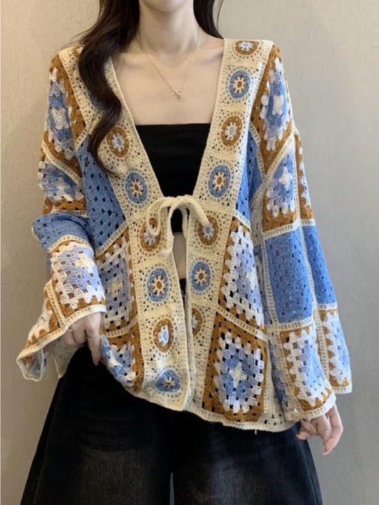 The Real Clean Company Sweaters - Boho Crochet Patchwork Cardigan Sweater - Multicolor Blue New One Size Fits Most
